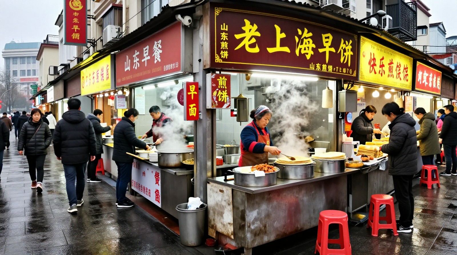 Busy street breakfast stall in Shanghai with an elderly woman serving century eggs and other local foods on a rainy morning