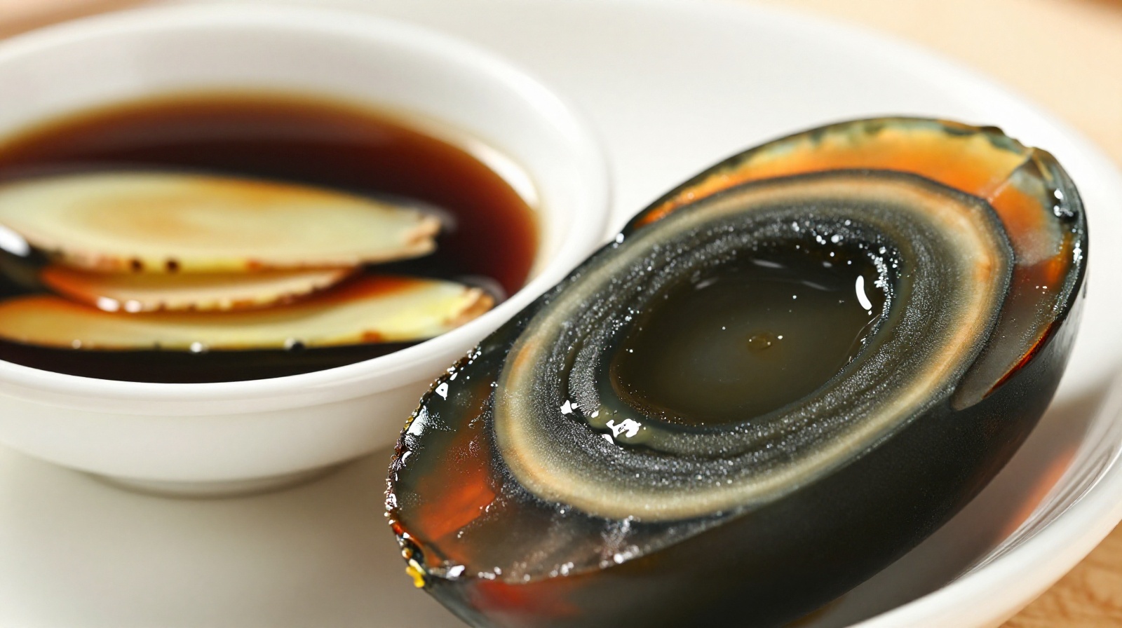 Close up of a sliced century egg served with soy sauce and ginger on a white ceramic plate