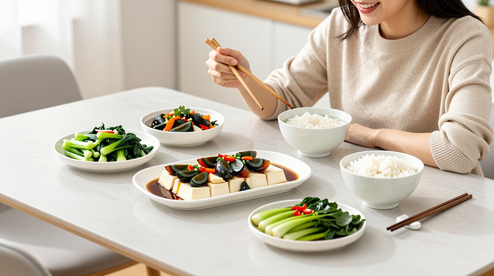 A modern Chinese meal featuring century egg tofu salad and congee served on a clean white table