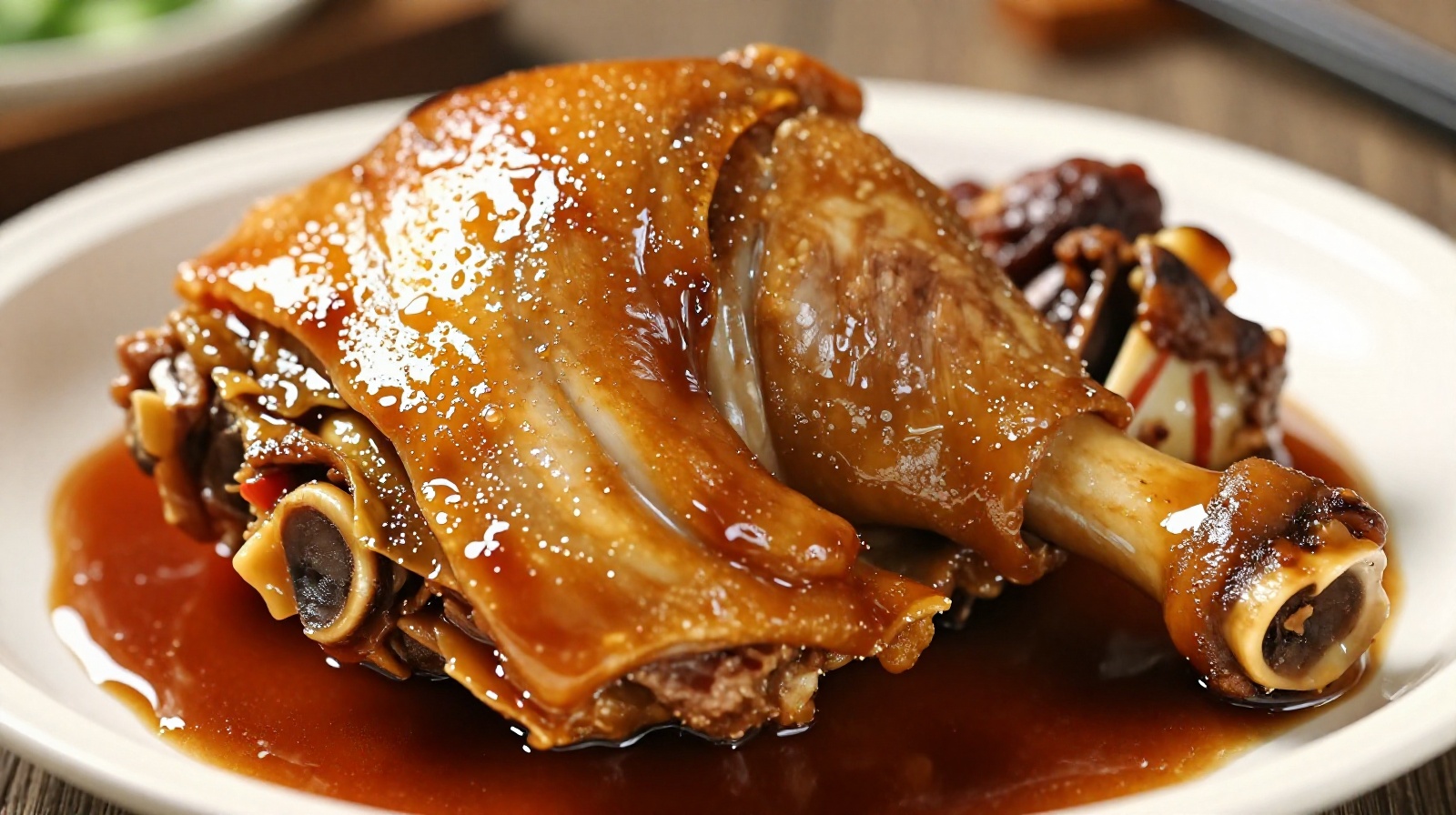 Close-up of a braised chicken leg with visible bones on a ceramic plate in a Chinese restaurant
