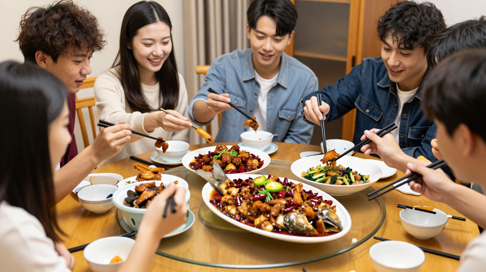 Group of friends sharing a meal with bone-in dishes in a modern Chinese restaurant