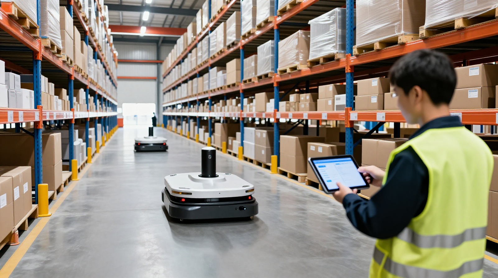 Automated robots and a logistics worker monitoring inventory in a high-tech Chinese warehouse