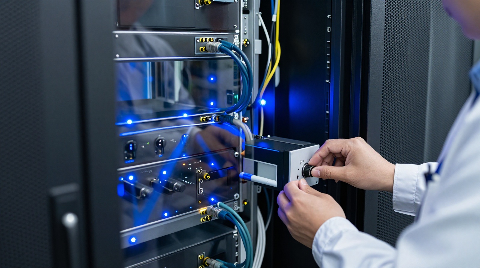 Researchers working on quantum communication infrastructure in a high-tech laboratory