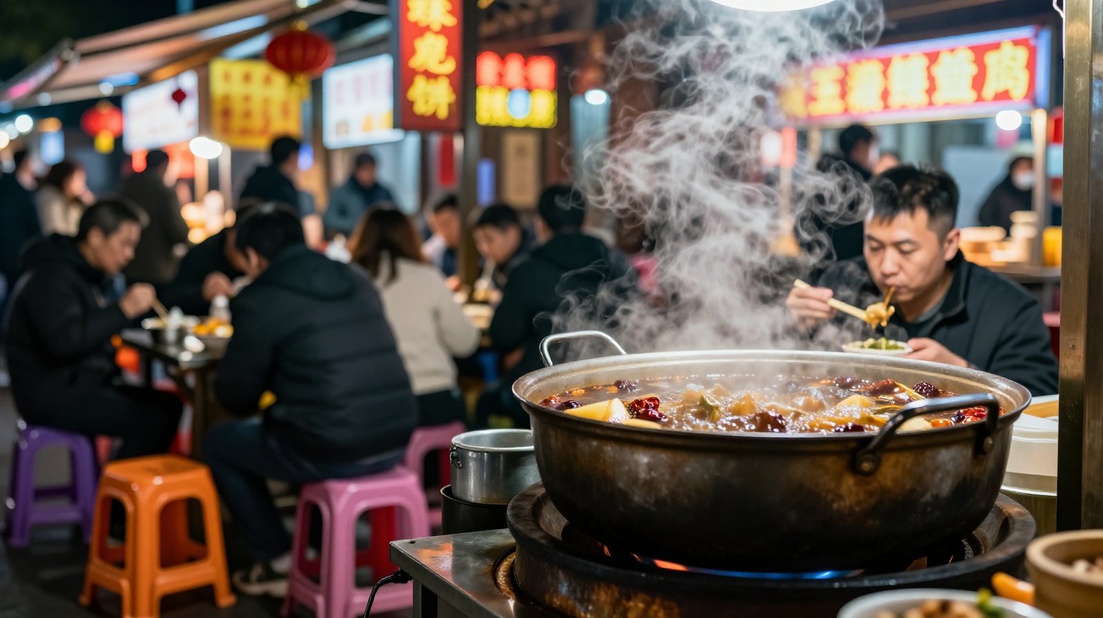 A busy traditional street food stall selling Luosifen at night in Liuzhou, China, with customers eating and steam rising from a large pot of broth