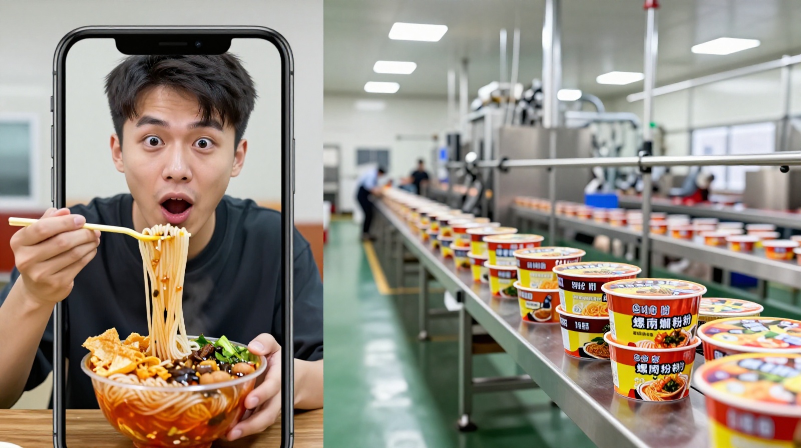 A montage showing a live streamer enjoying Luosifen and a modern automated factory producing packaged instant noodles