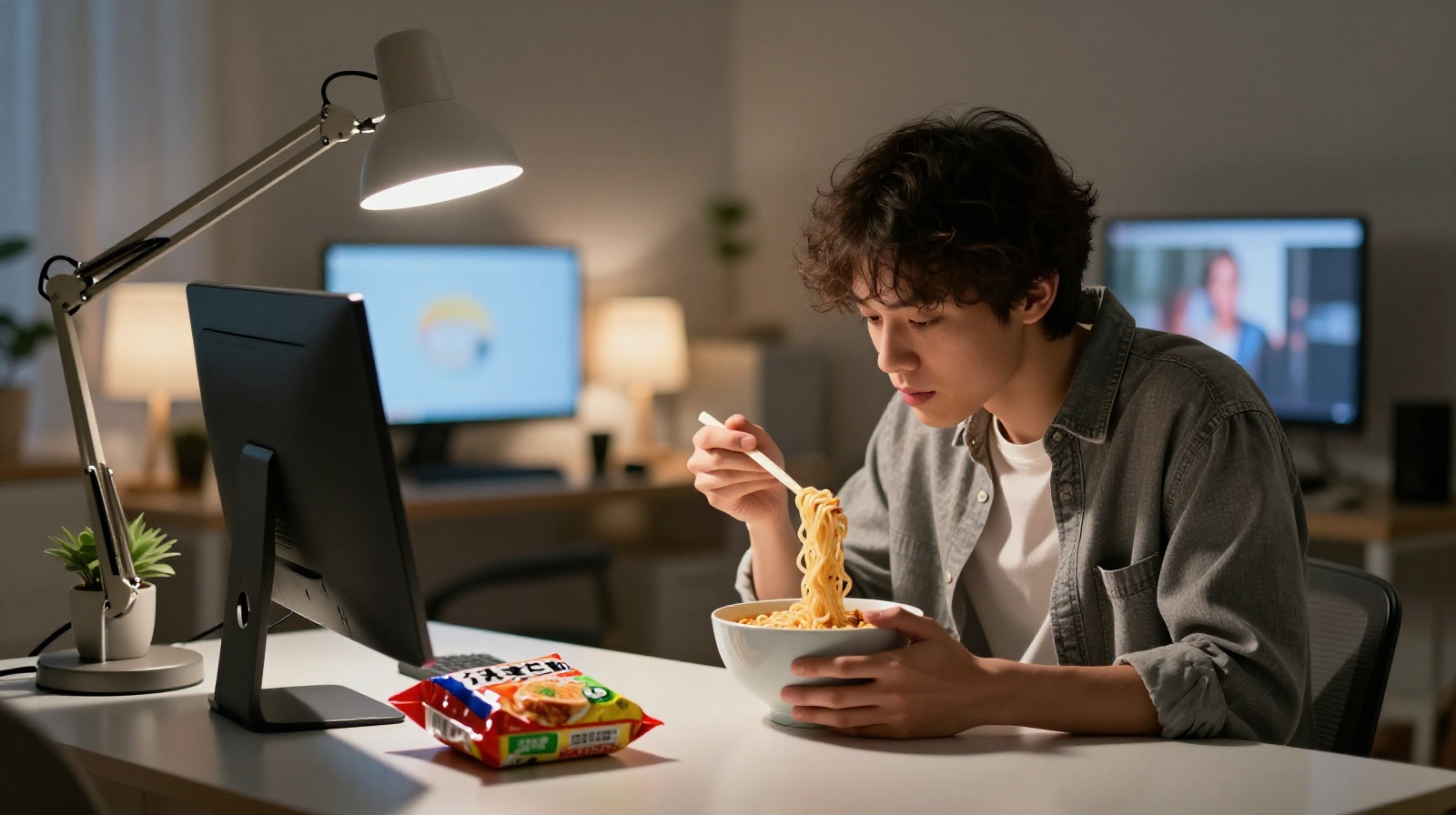 A young professional enjoying a bowl of Luosifen in a modern home setting late at night