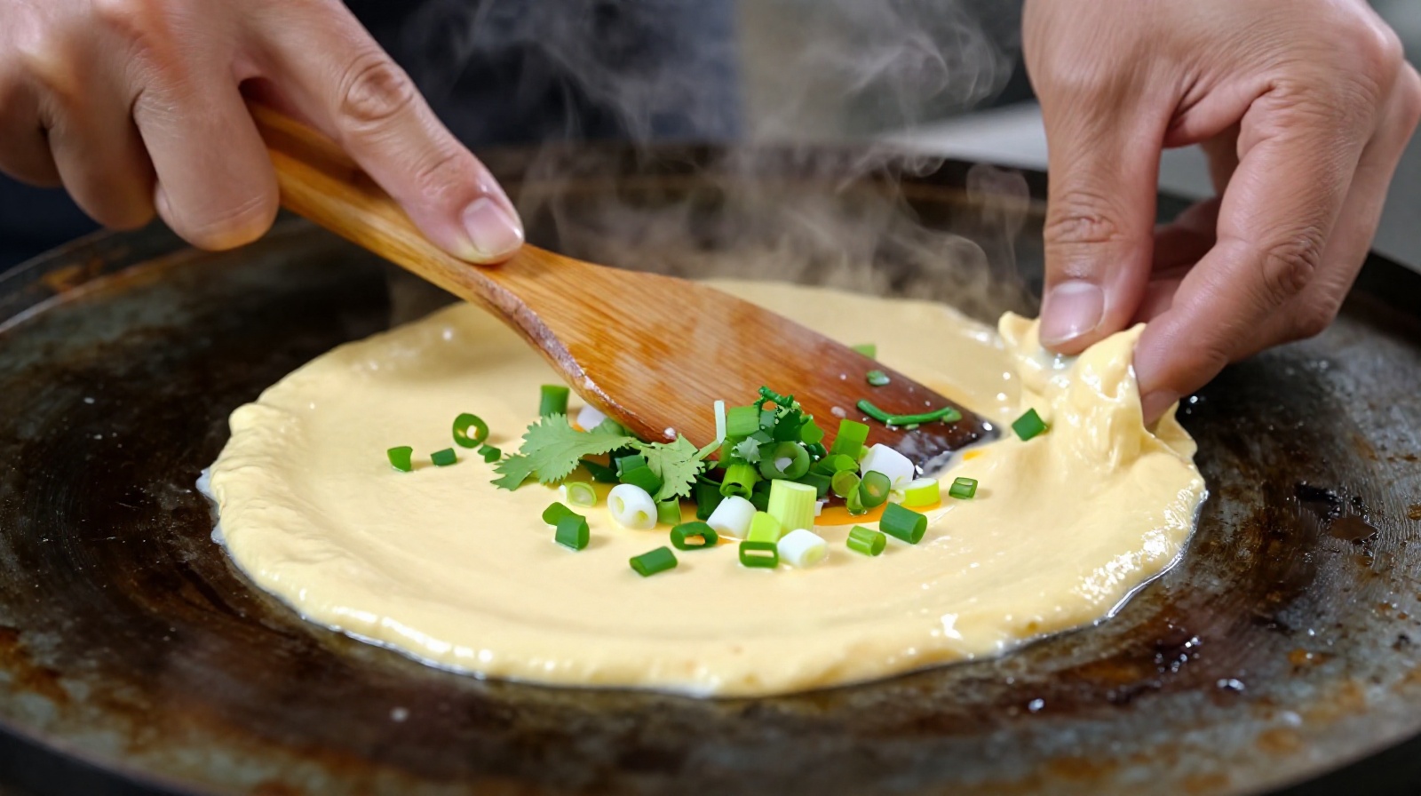 Close-up view of a Chinese street food vendor spreading egg batter and sprinkling green onions onto a hot griddle to make Jianbing crepes at dawn