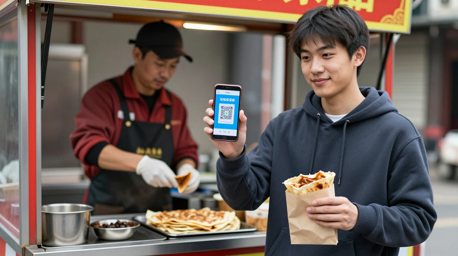 A customer paying for breakfast using WeChat Pay at a Jianbing cart, illustrating the blend of tradition and technology in Chinese daily life