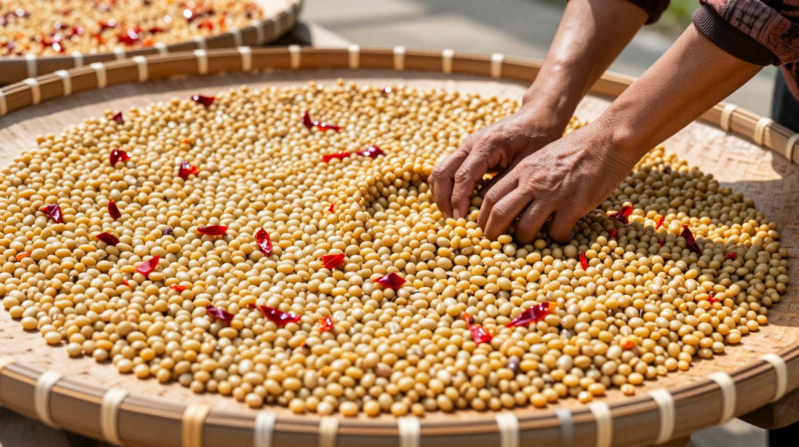 Worker spreading broad bean and chili mixture on bamboo trays for fermentation in a sunny courtyard