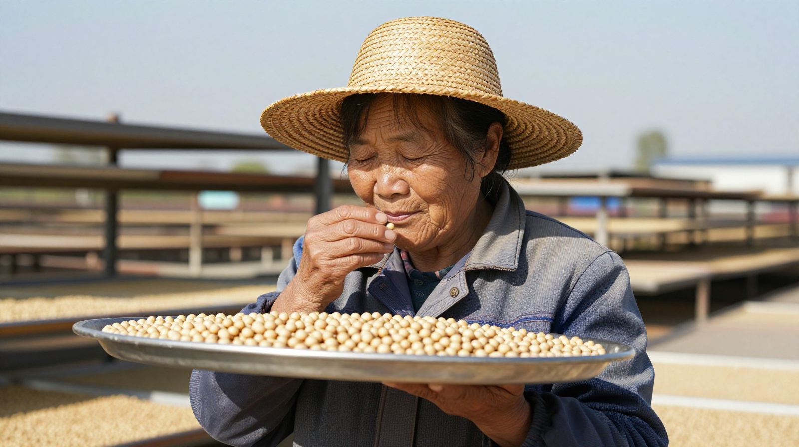 Experienced artisan judging fermentation quality by smell in a traditional bean paste factory