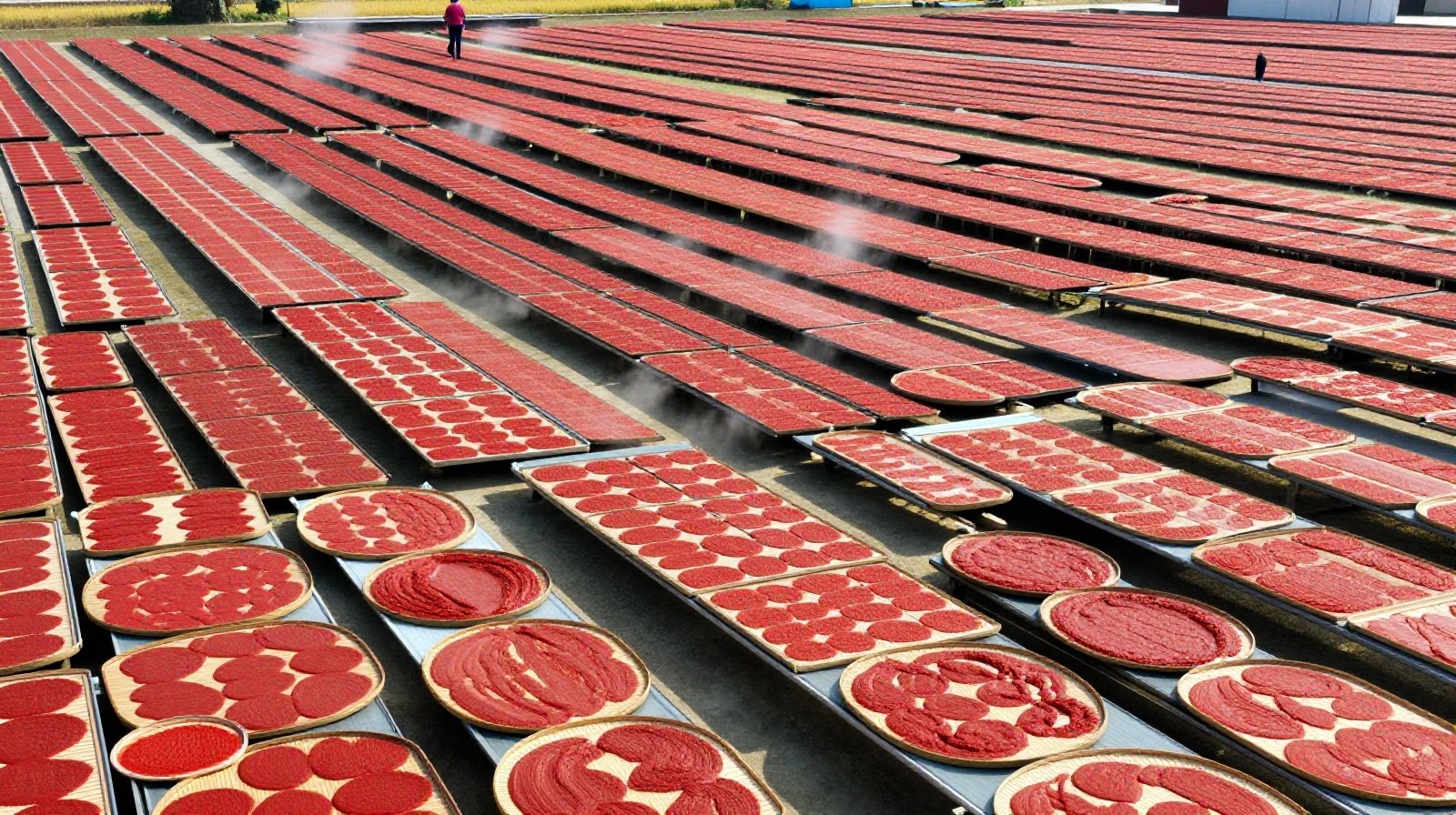 Rows of bamboo trays filled with fermenting chili paste under the intense Sichuan sun