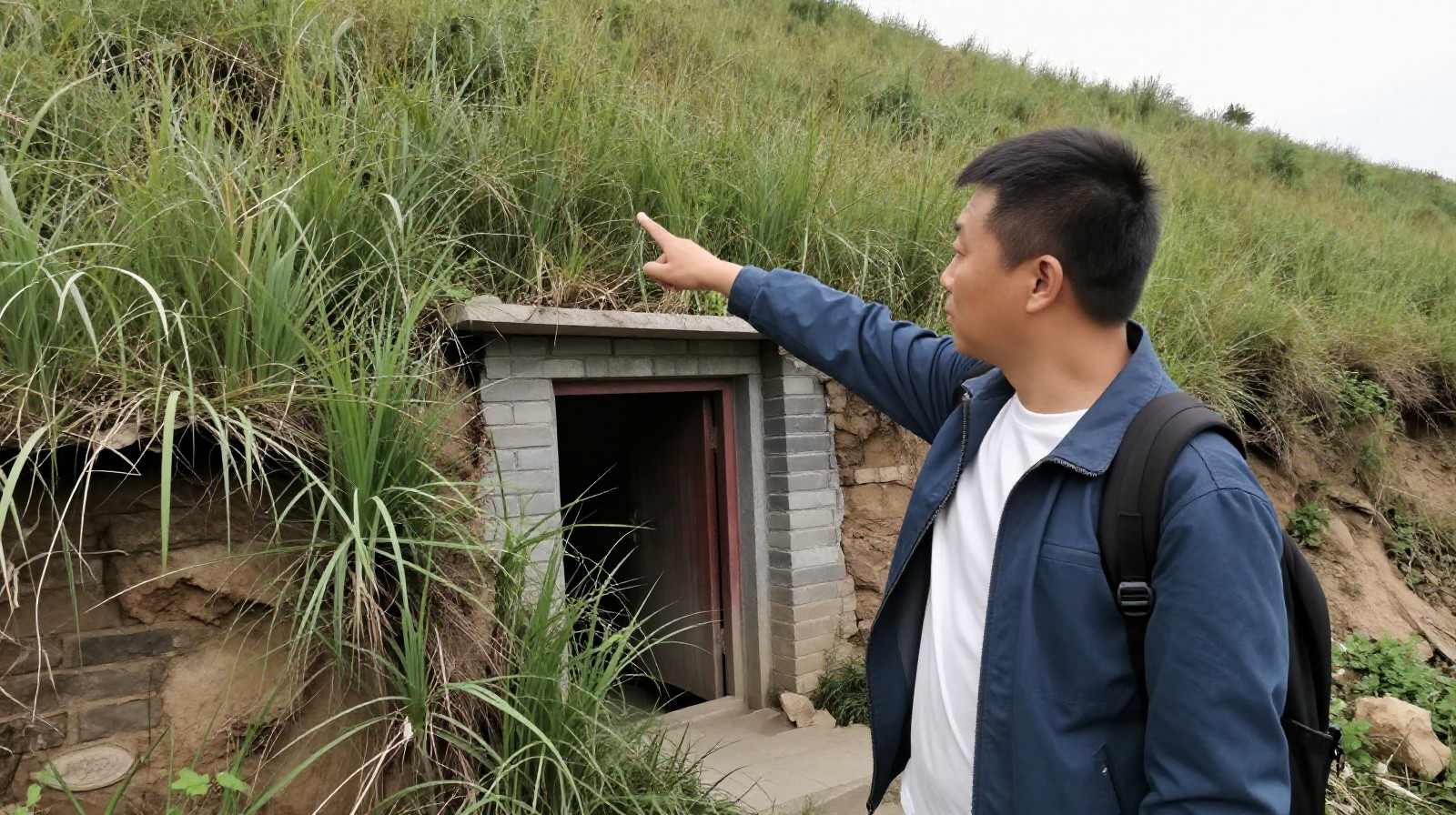 A local guide in Shaanxi pointing out the location of an ancient sealed tomb on a rural hillside