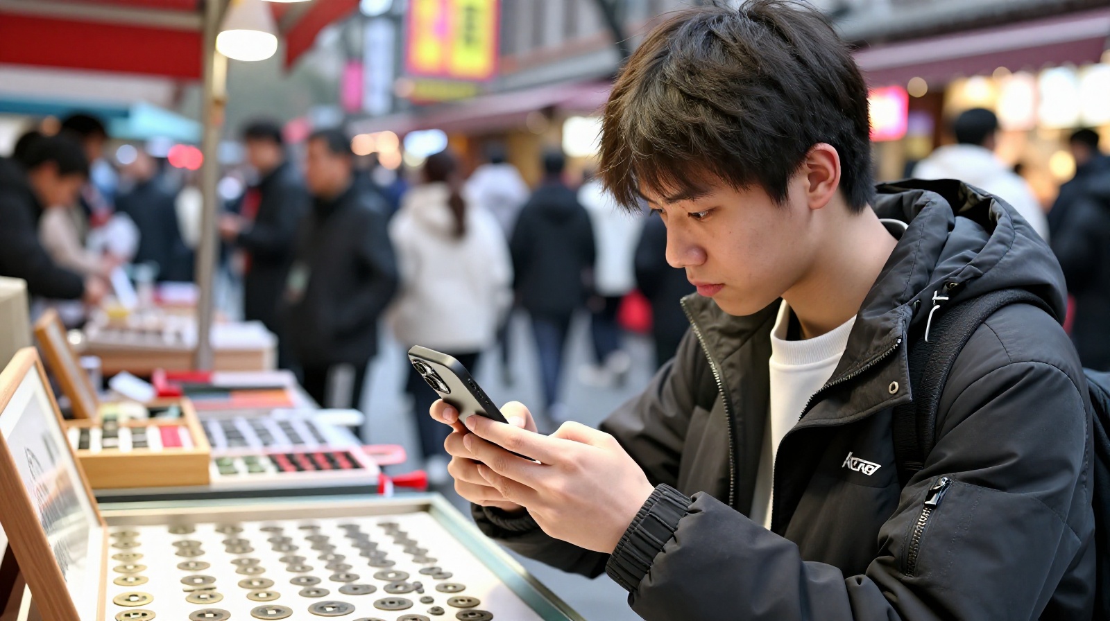 A young person using a smartphone app to learn about ancient coins at a Xi'an market