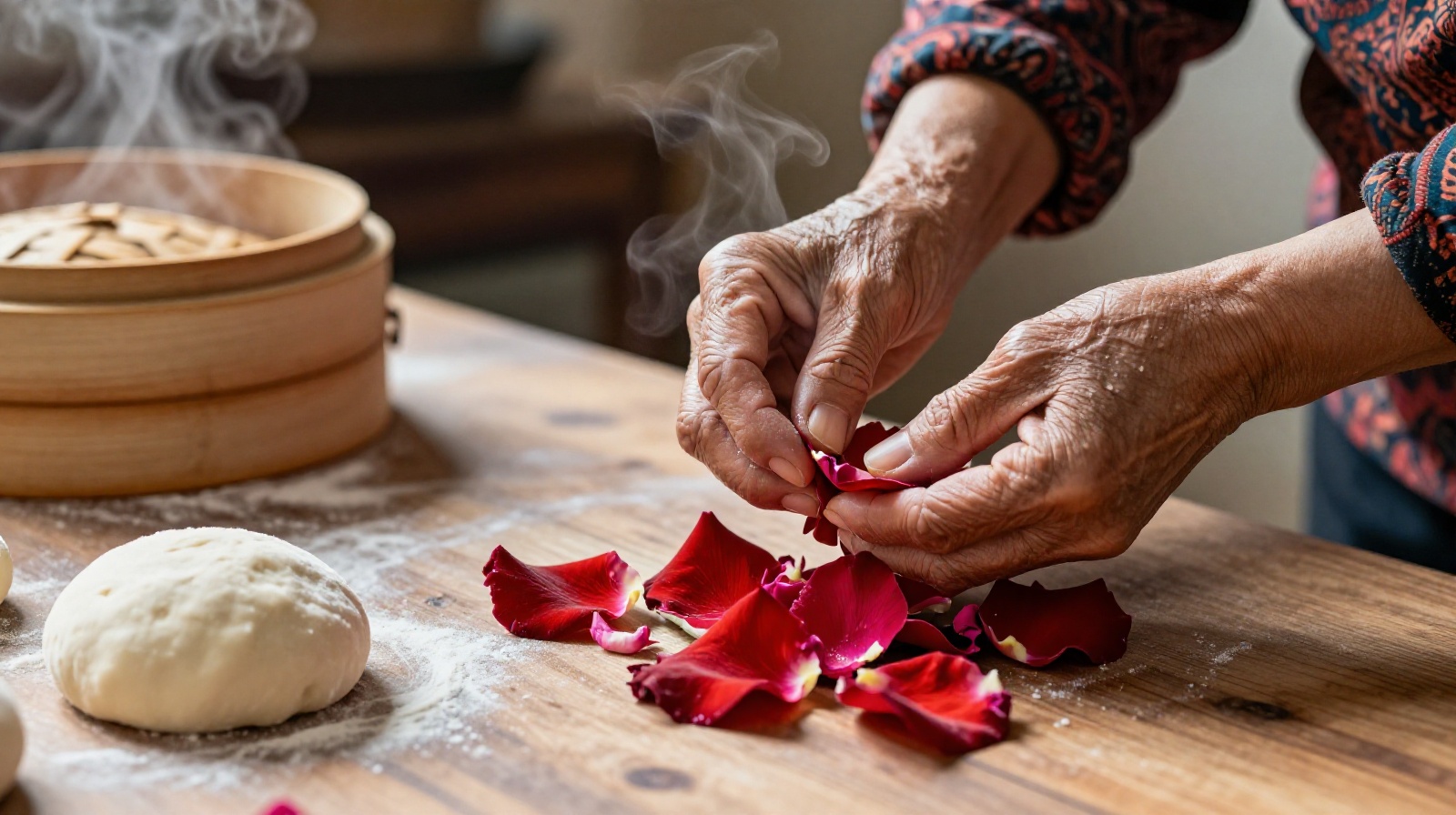 Elderly woman preparing fresh rose petals for cooking in a traditional Yunnan kitchen setting