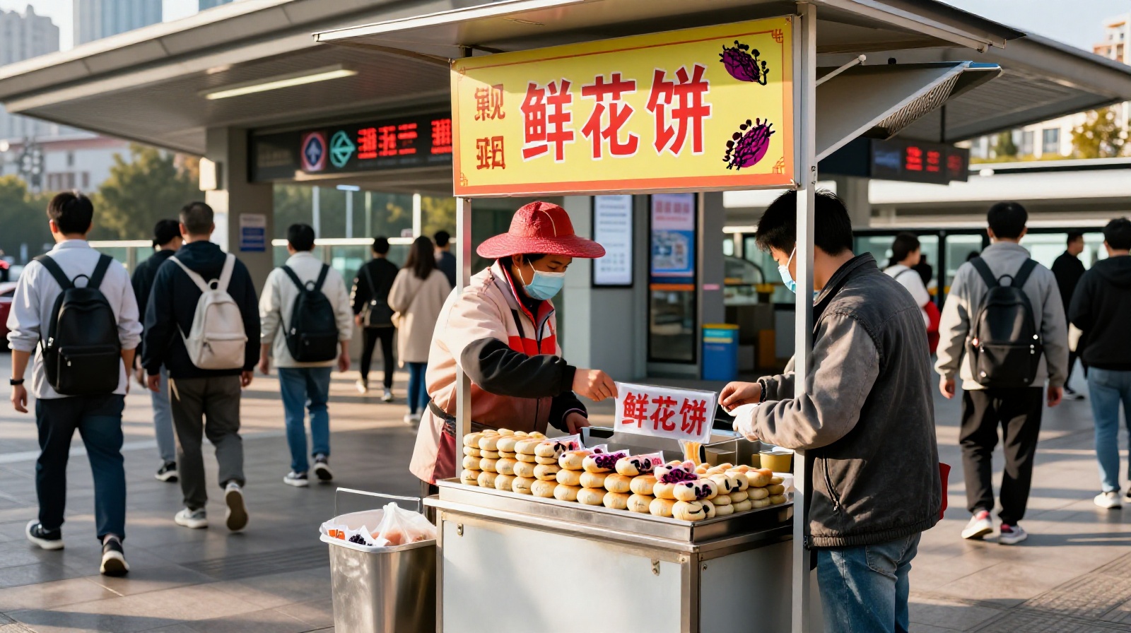 Young people buying edible flower snacks at a street stall in downtown Kunming