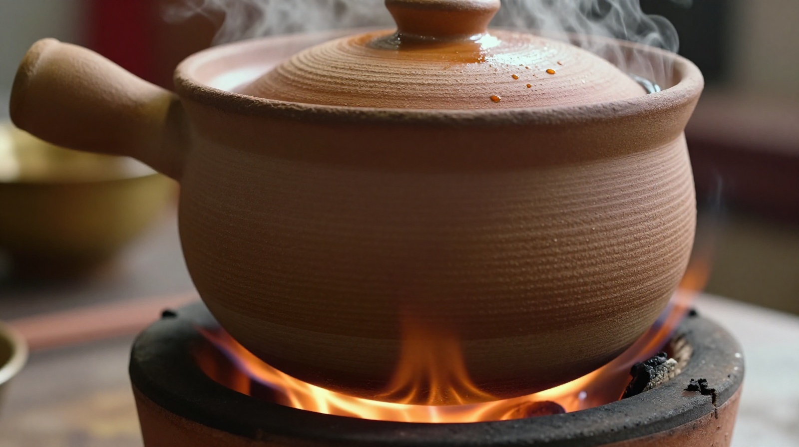 Traditional clay pot rice cooking over an open flame with steam rising