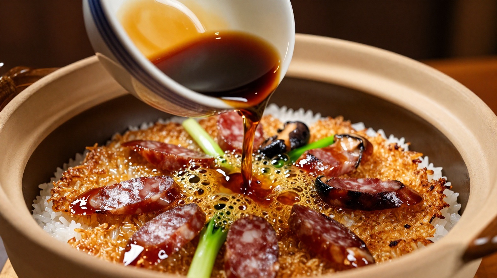 Sauce being poured over sizzling claypot rice revealing crispy golden crust