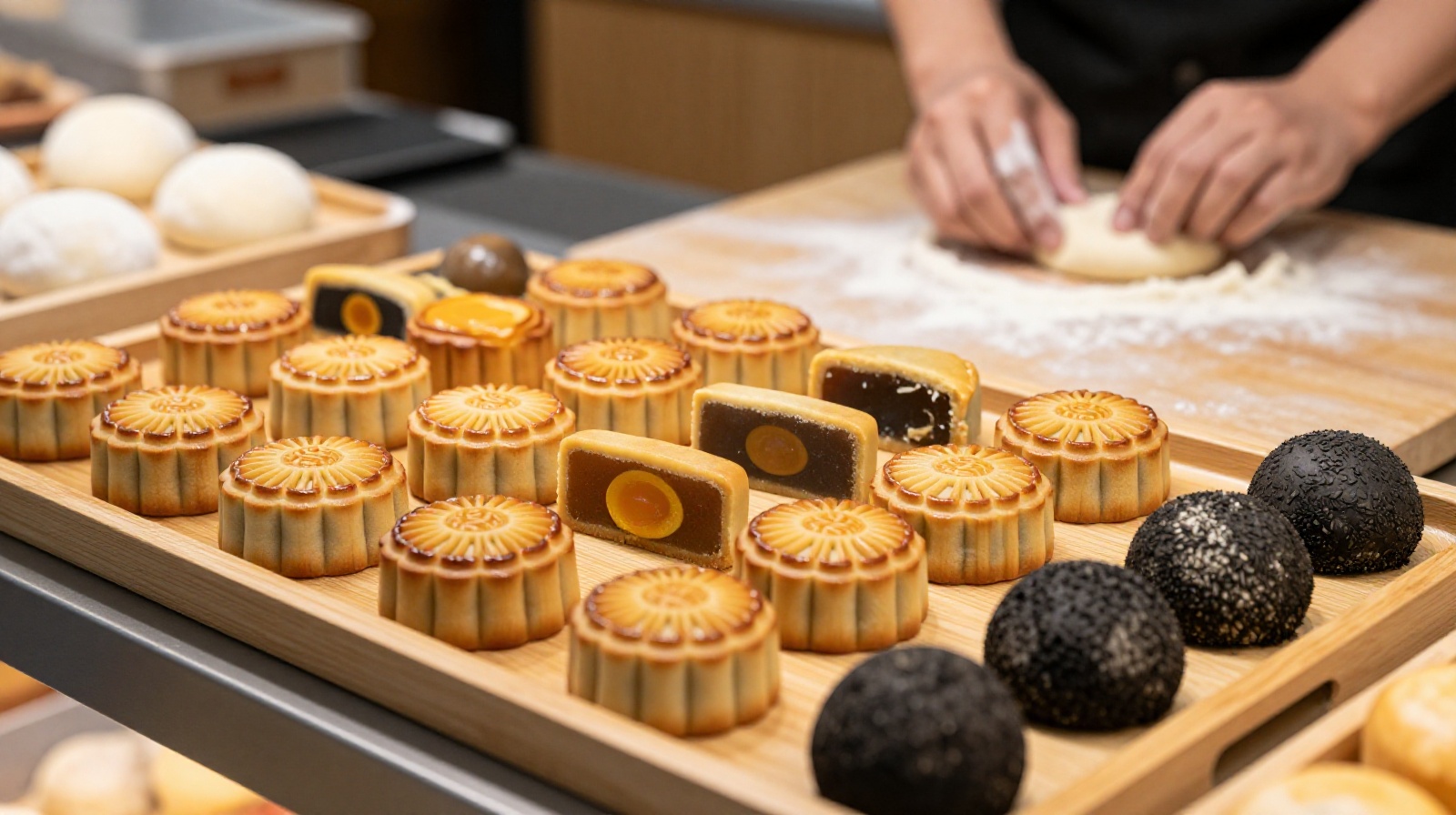 A close-up view of various luxury mooncakes displayed on a wooden tray in a modern Chinese bakery, showcasing different fillings including traditional lotus seed paste and exotic ingredients like truffle.
