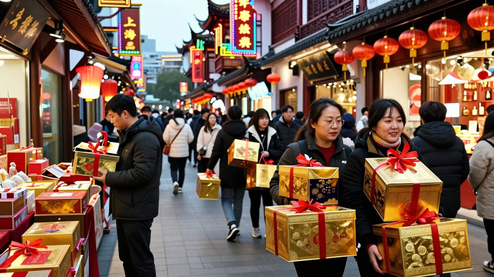 Pedestrians walking on a busy street in Shanghai carrying ornate gold mooncake gift boxes during the Mid-Autumn Festival season.