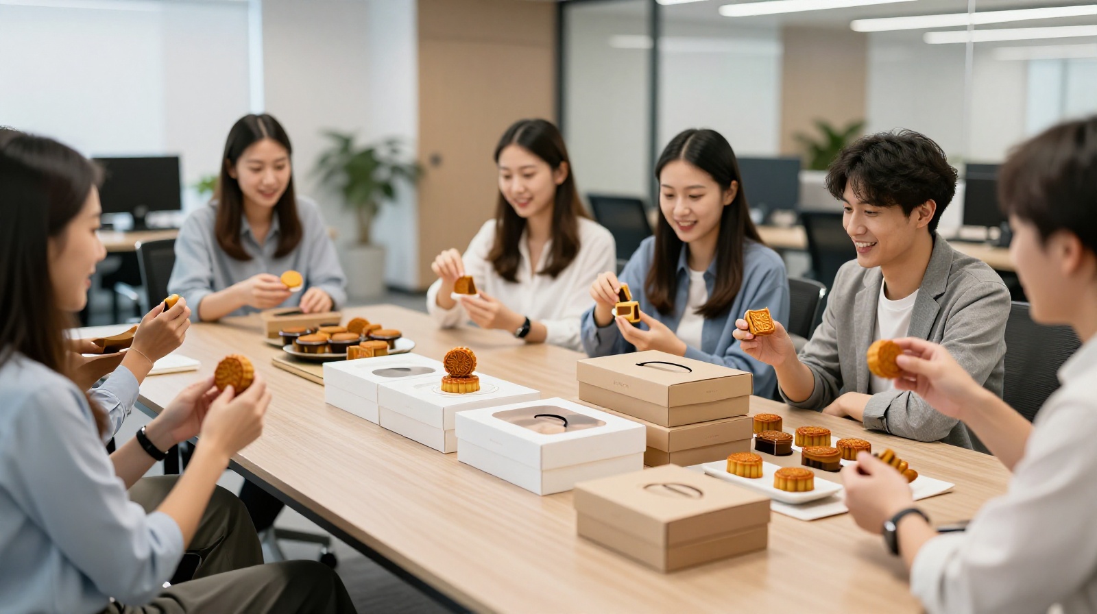 Office workers sharing light, sugar-free mooncake slices in a modern workspace with minimalist packaging.