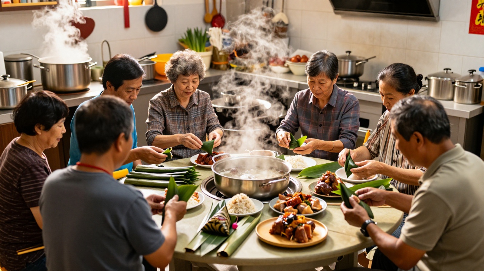 Chinese family members wrapping zongzi together in a traditional kitchen setting