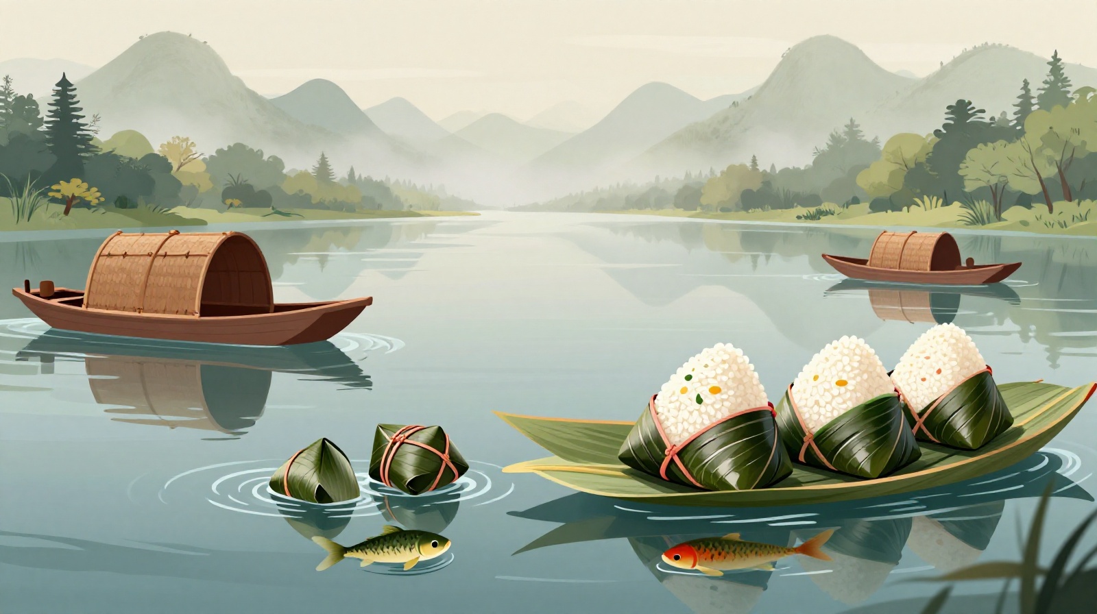 Historical representation of throwing zongzi into the Miluo River to honor poet Qu Yuan