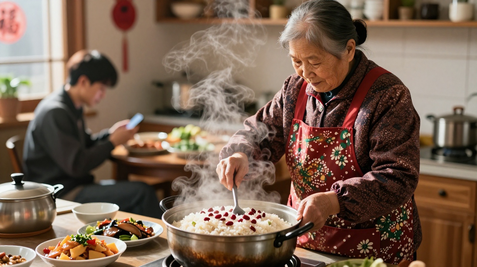 An elderly Chinese woman steaming traditional Eight-Treasure Rice in a warm kitchen on New Year's Eve