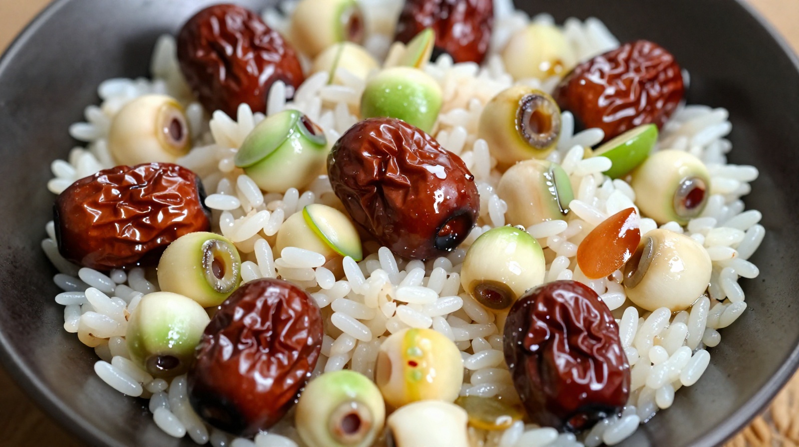 Close-up detail of traditional Chinese Eight-Treasure Rice with dates and lotus seeds