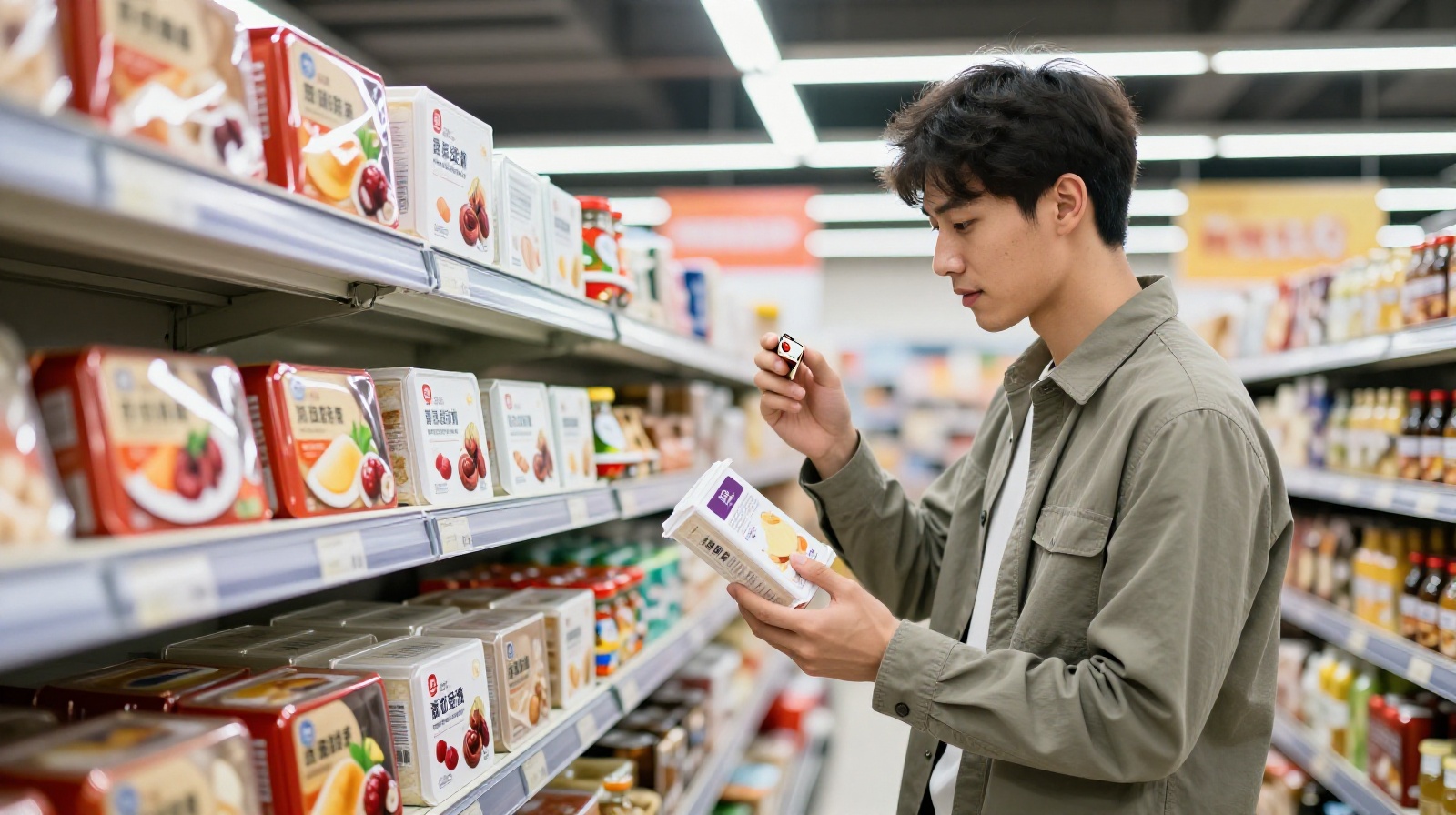 A young man choosing a package of frozen traditional Eight-Treasure Rice in a modern Chinese supermarket