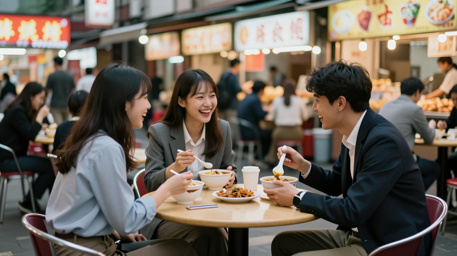 Modern young professionals enjoying traditional Cantonese sweet soup together on a busy Guangzhou street corner after work.