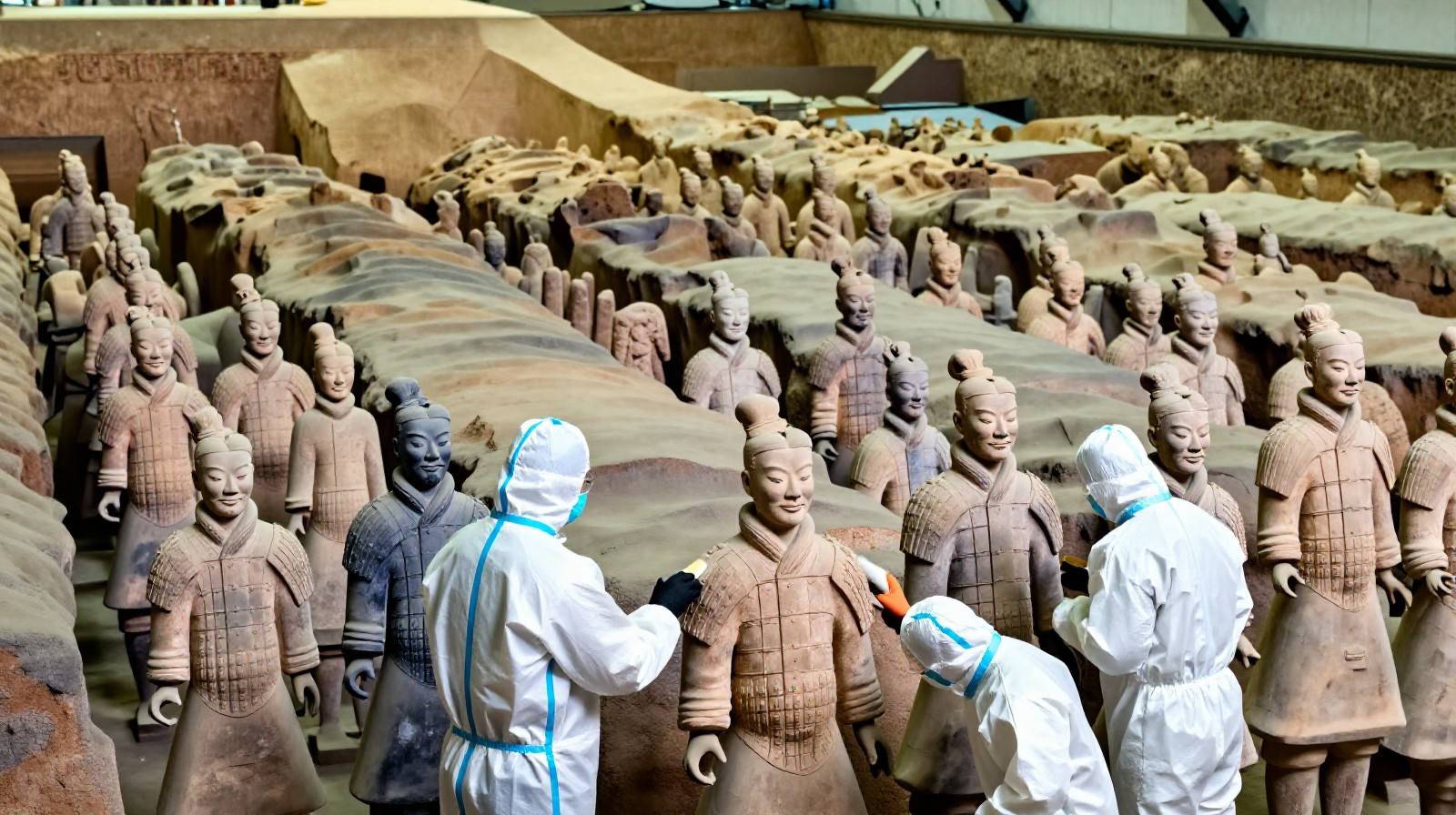 Rows of ancient terracotta warrior statues in a large underground pit at the Emperor Qinshihuang's Mausoleum Site Museum, with archaeologists preserving artifacts