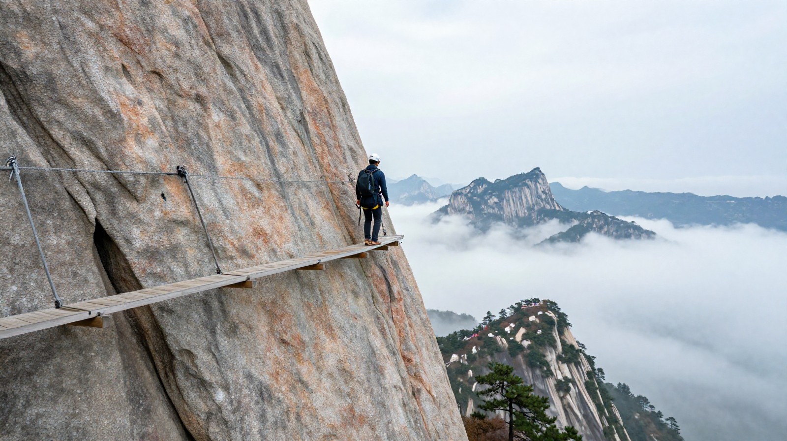 Tourist carefully traversing the Plank Walk path on the steep cliffs of Mount Hua