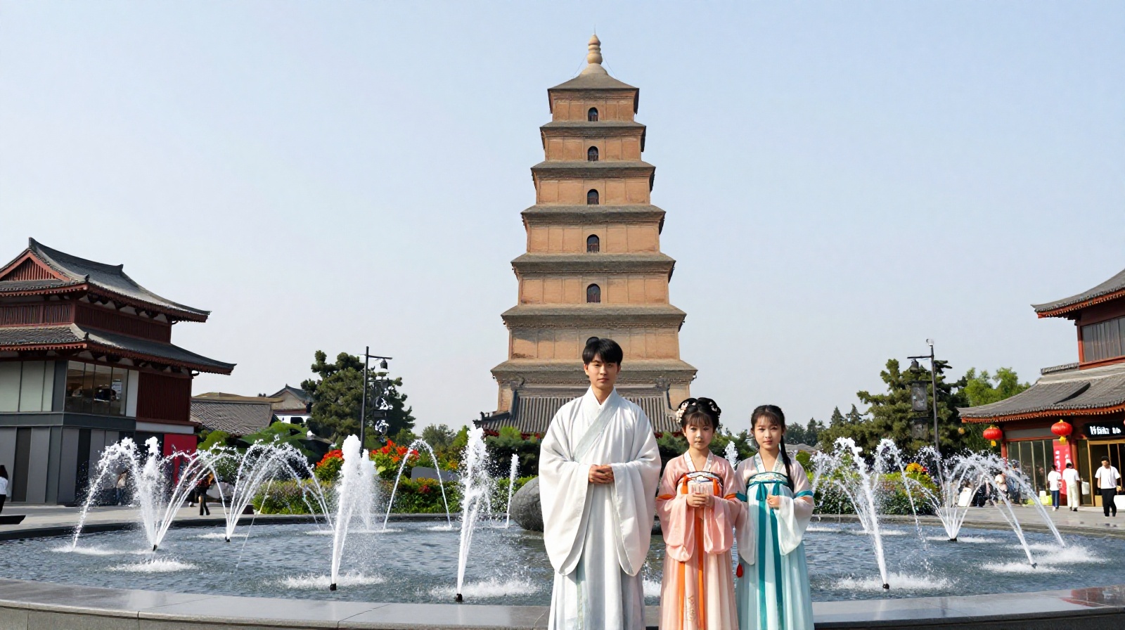 The ancient Big Wild Goose Pagoda surrounded by modern city life and tourists in Xi'an