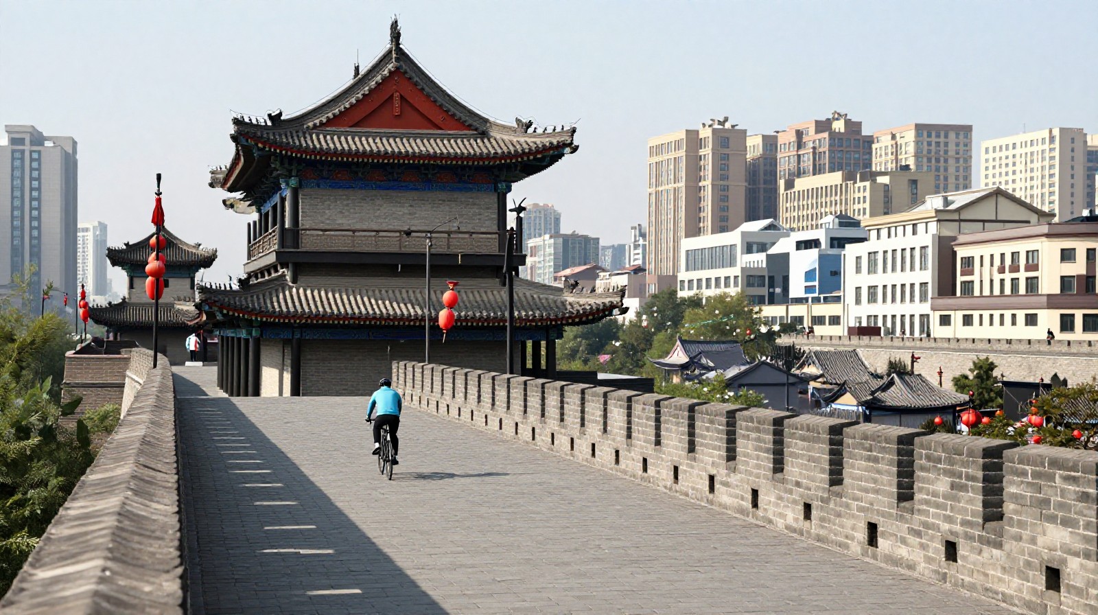 Cyclists enjoying the view from the top of the historic Xi'an City Wall