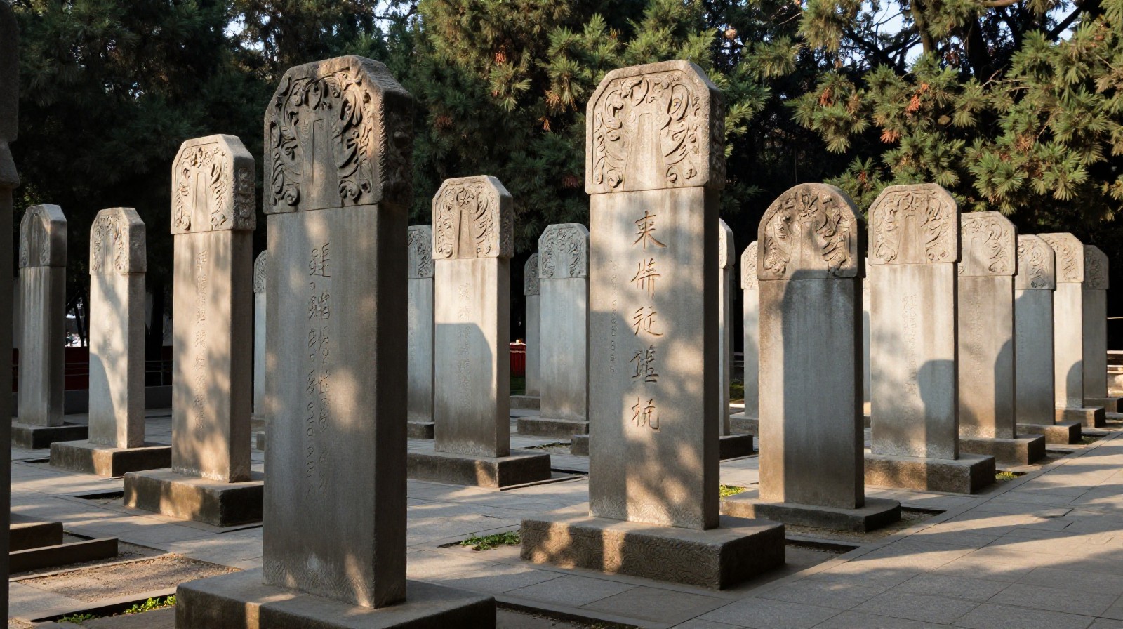 Rows of historical stone steles and calligraphy tablets at the Shaanxi Provincial Museum Stele Forest