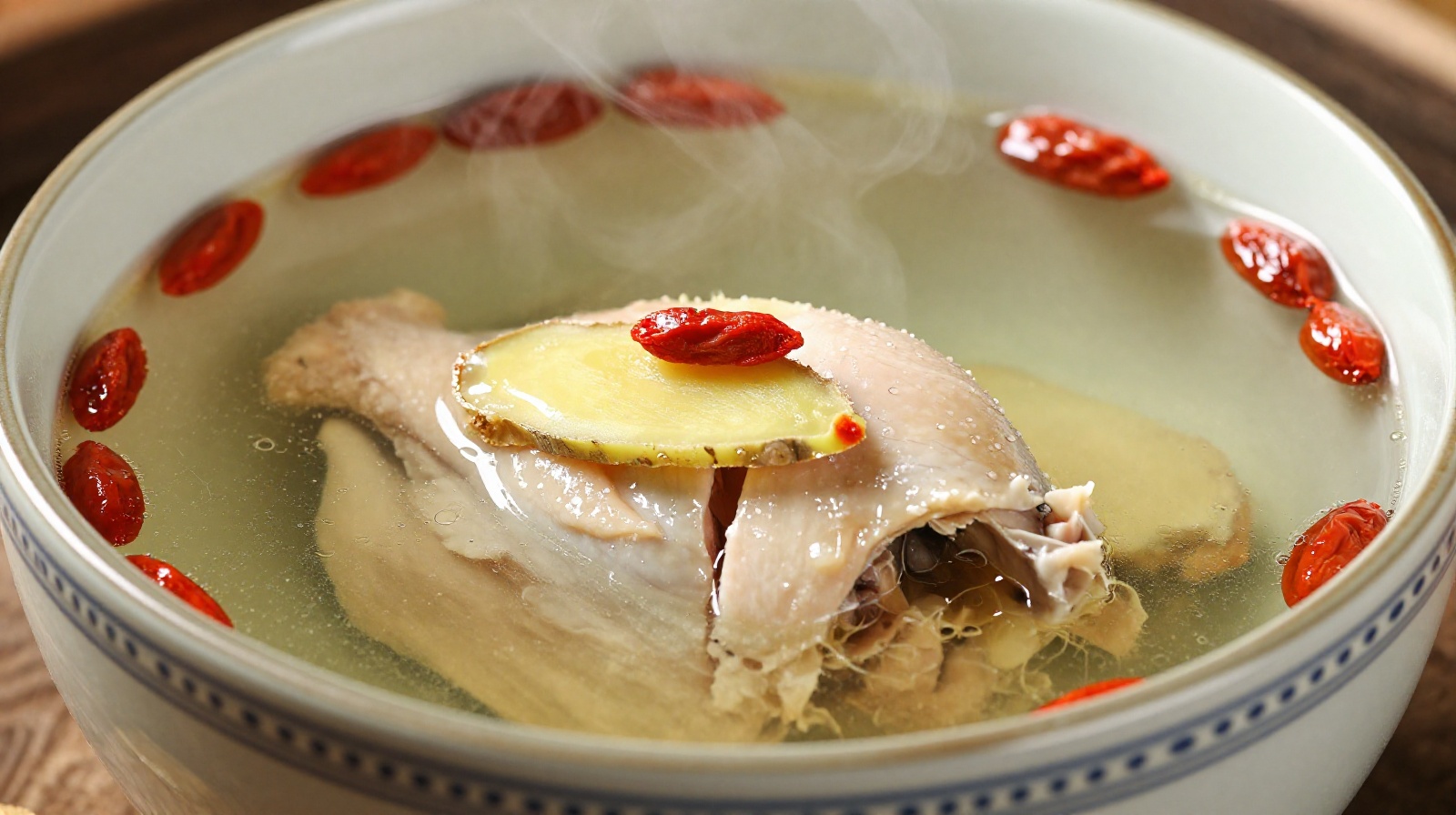 A steaming bowl of traditional Chinese chicken soup with ginger and goji berries, symbolizing health and nourishment in Chinese culture