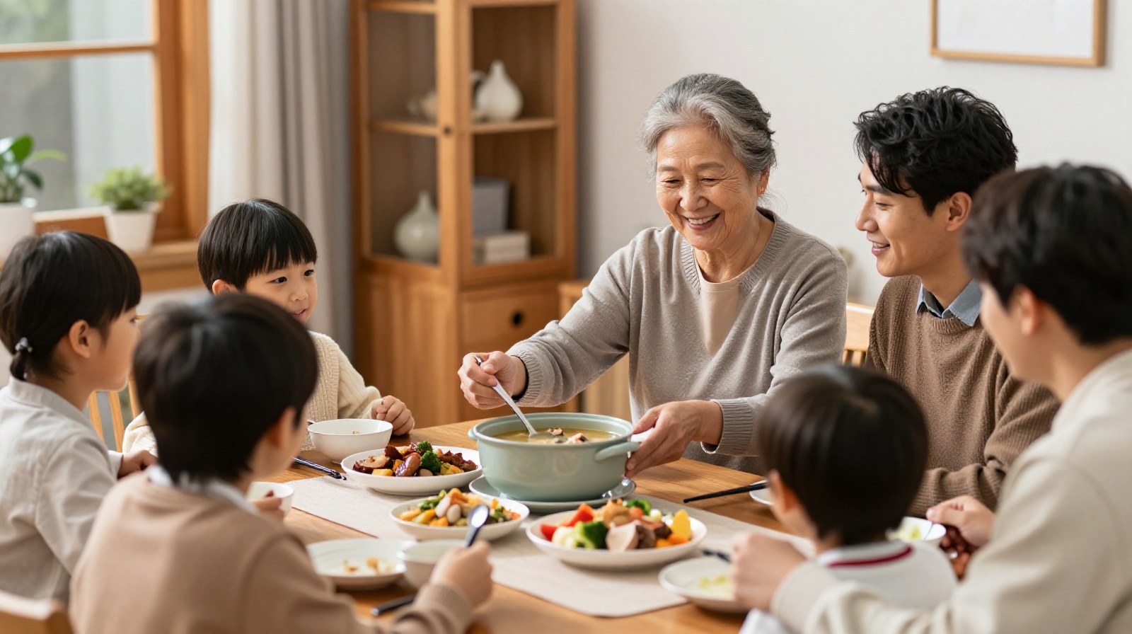 An elderly Chinese mother serving hot soup to her adult child at the dinner table, representing intergenerational care and family love