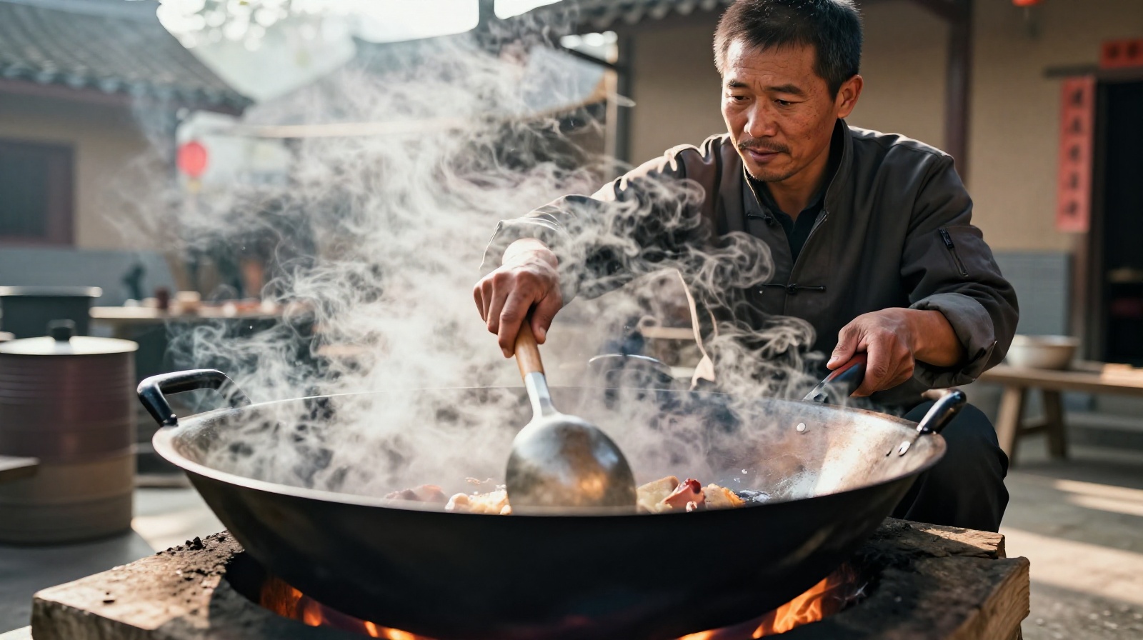 A local farmer cooking in a large wok over a wood fire during a rural wedding preparation