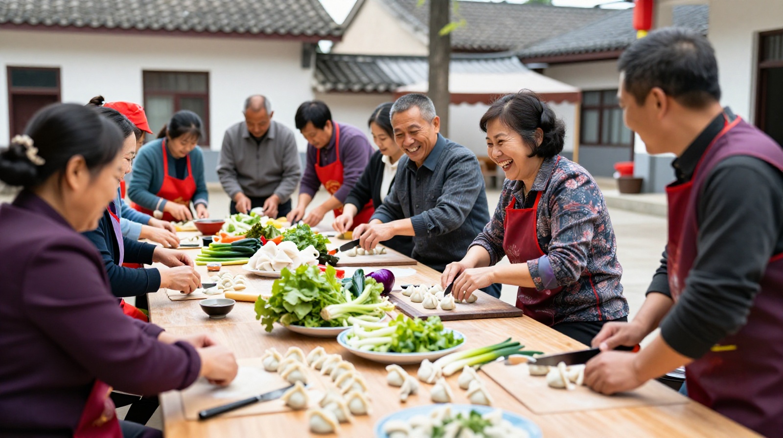 Neighbors and family members working together to prepare food for a wedding feast
