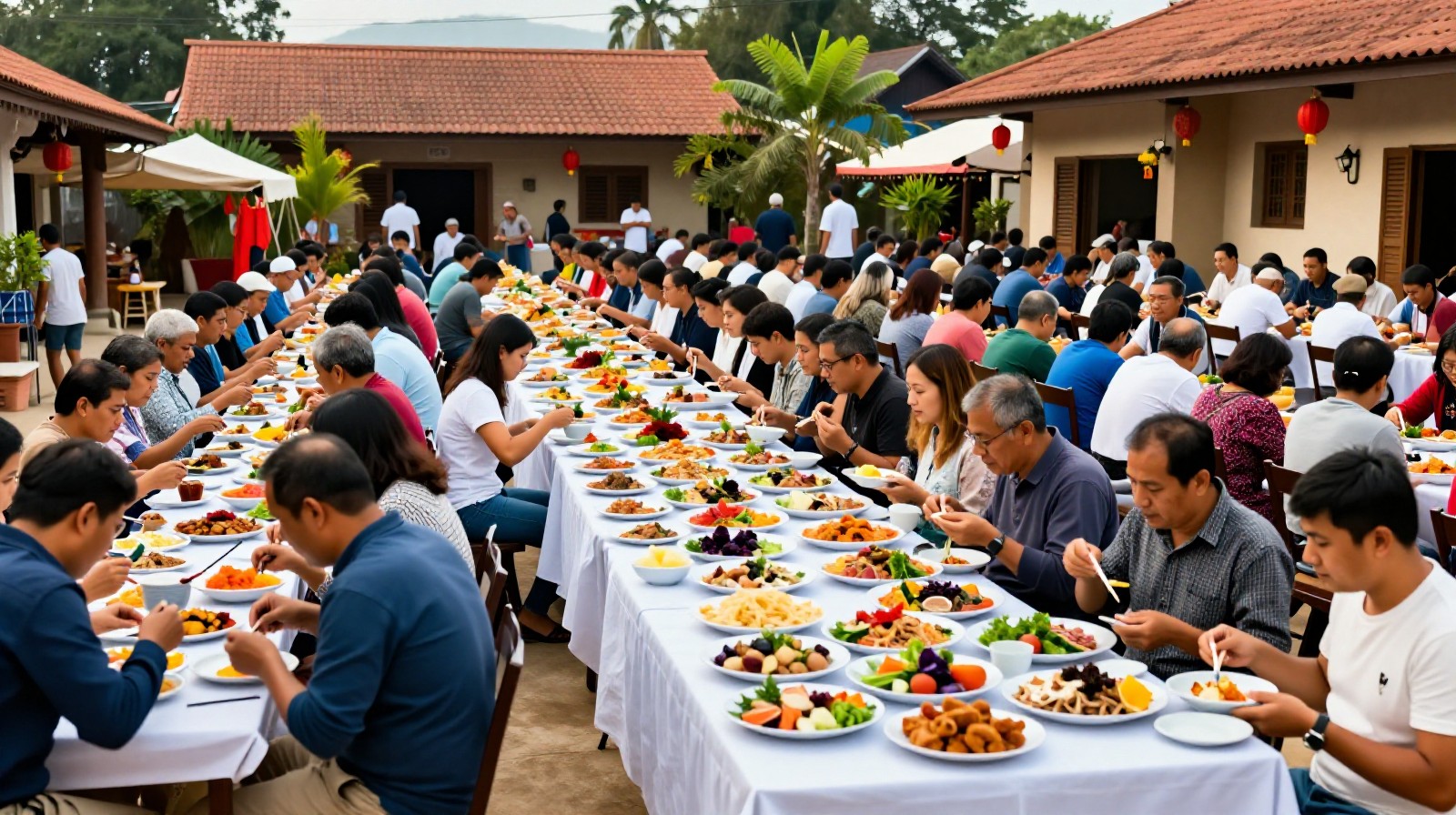 Hundreds of dishes laid out on long banquet tables for a rural Chinese wedding feast