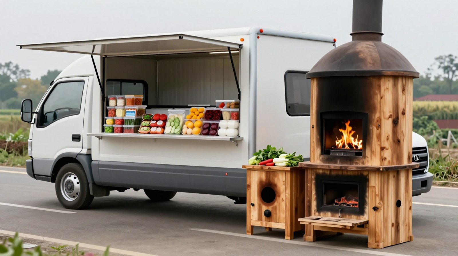 Modern catering trucks arriving at a village wedding contrasting with traditional wood-fire cooking methods