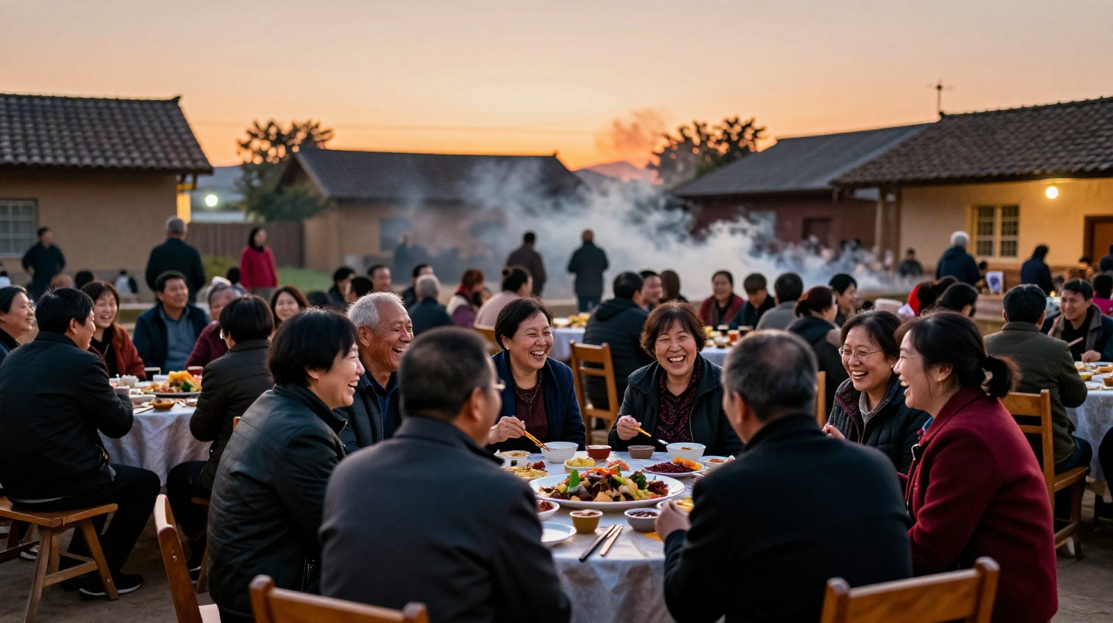 Villagers enjoying a communal meal under the evening sky during a rural wedding celebration