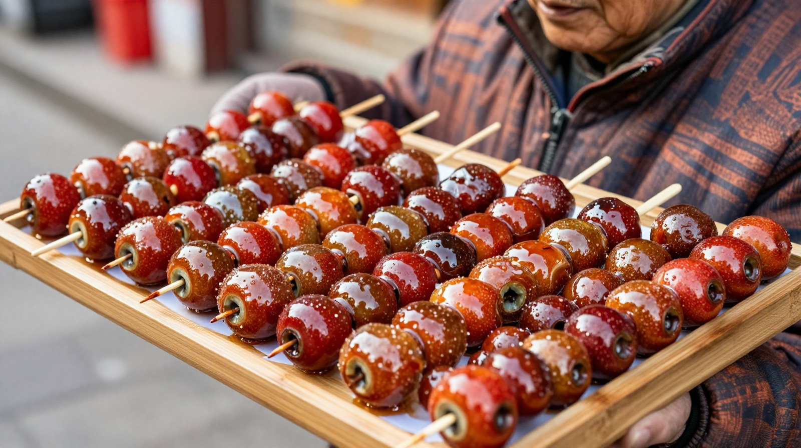 Close-up of traditional Beijing Tanghulu skewers held by a vendor, showing the translucent amber sugar shell on bright red hawthorn berries against a blurred street background
