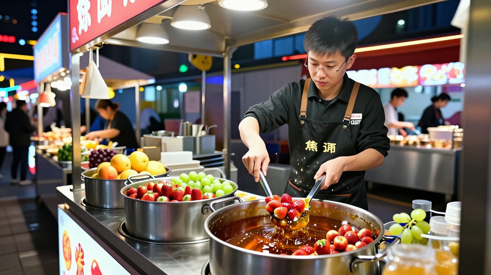 Young street food chef preparing innovative Tanghulu flavors including strawberries and grapes in a modern Beijing night market