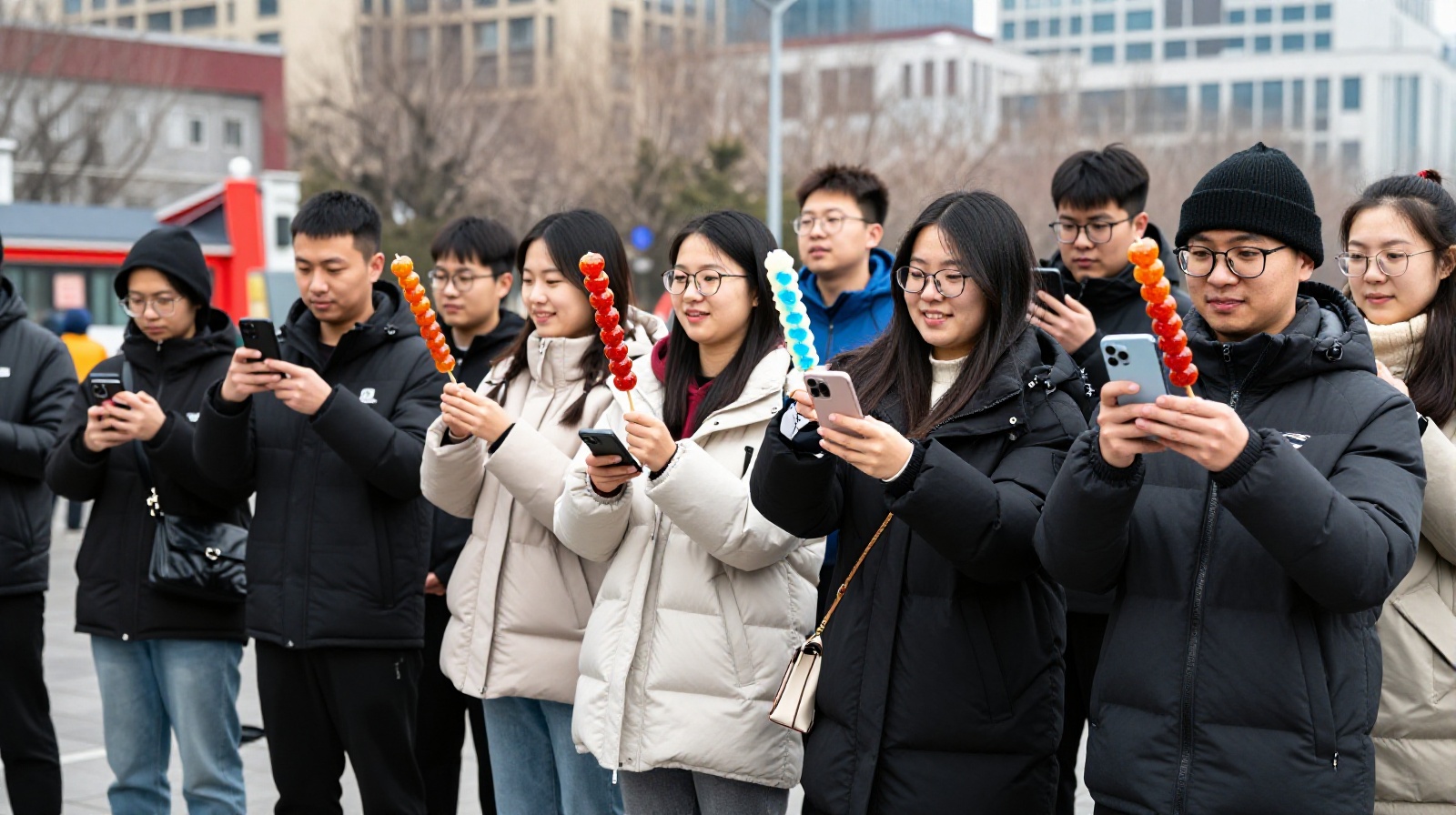 Diverse group of young people enjoying various innovative flavors of Tanghulu on a Beijing street while checking social media