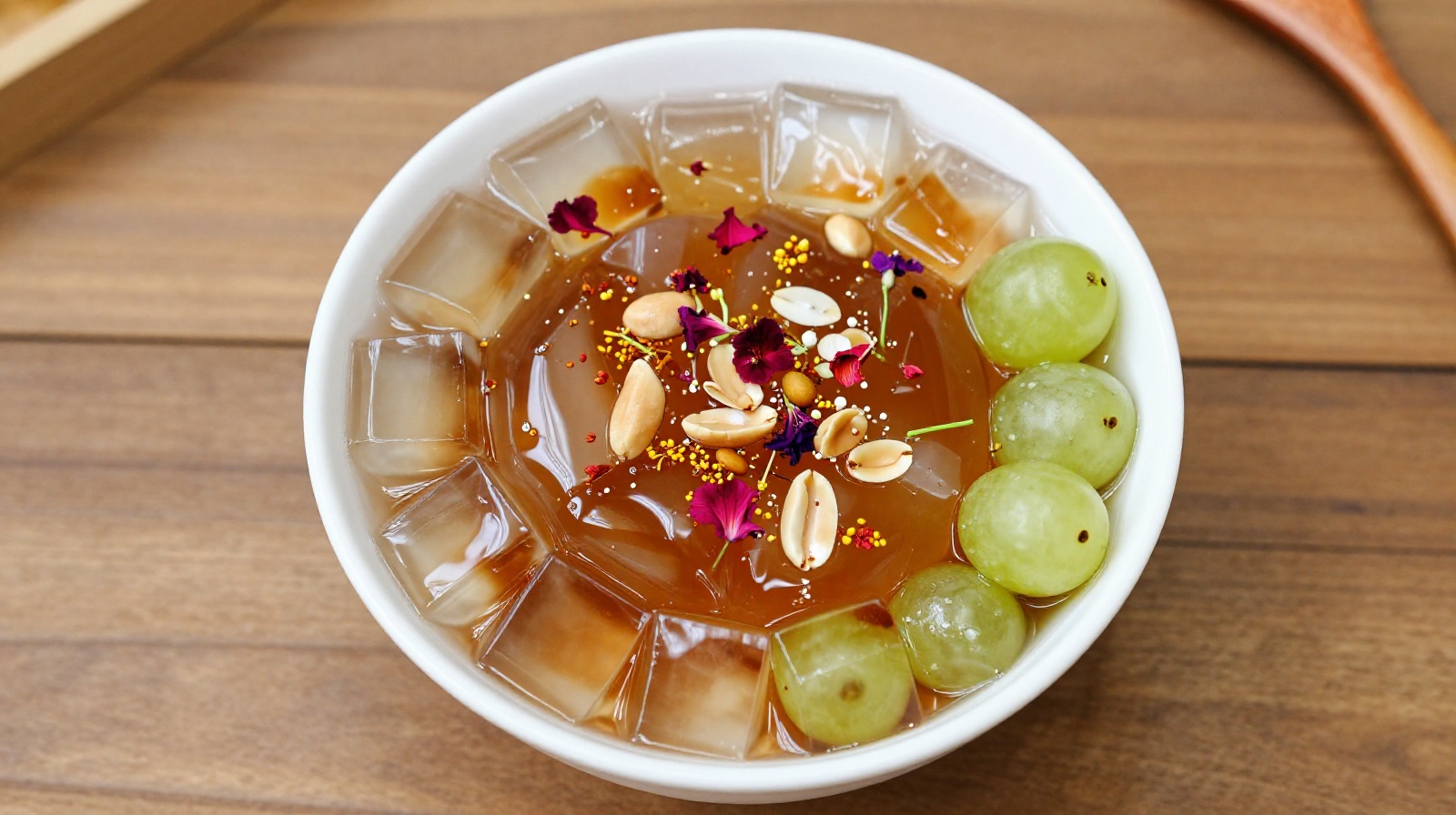 Bowl of Bingfen with toppings like brown sugar, peanuts, and fruits