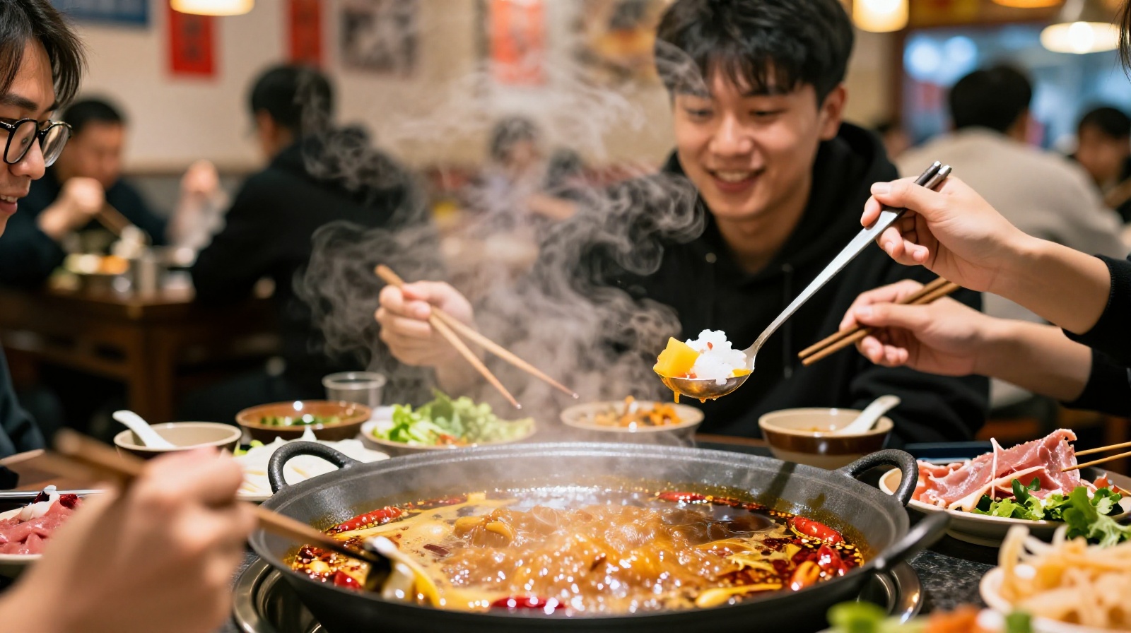 People enjoying Bingfen dessert after eating spicy Sichuan hot pot