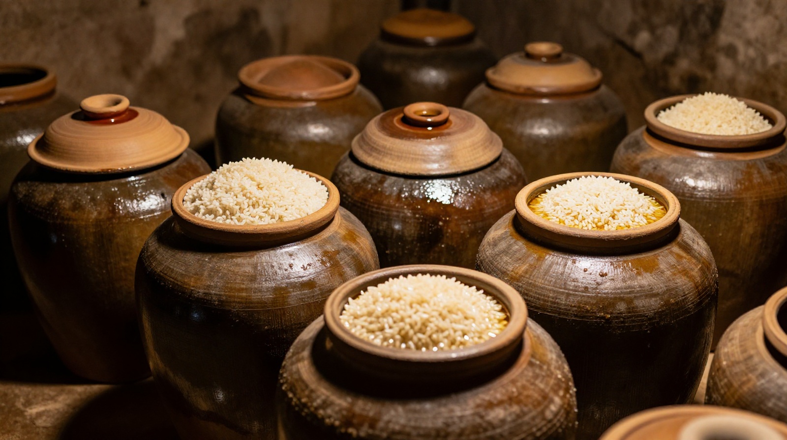 Traditional clay fermentation jars for yellow wine stored in a dark cellar in Shaoxing