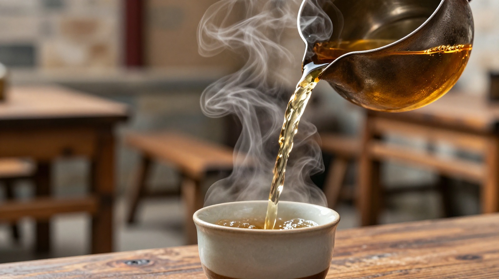 Pouring warm yellow wine from an iron pot into a small ceramic cup in a traditional Shaoxing tavern