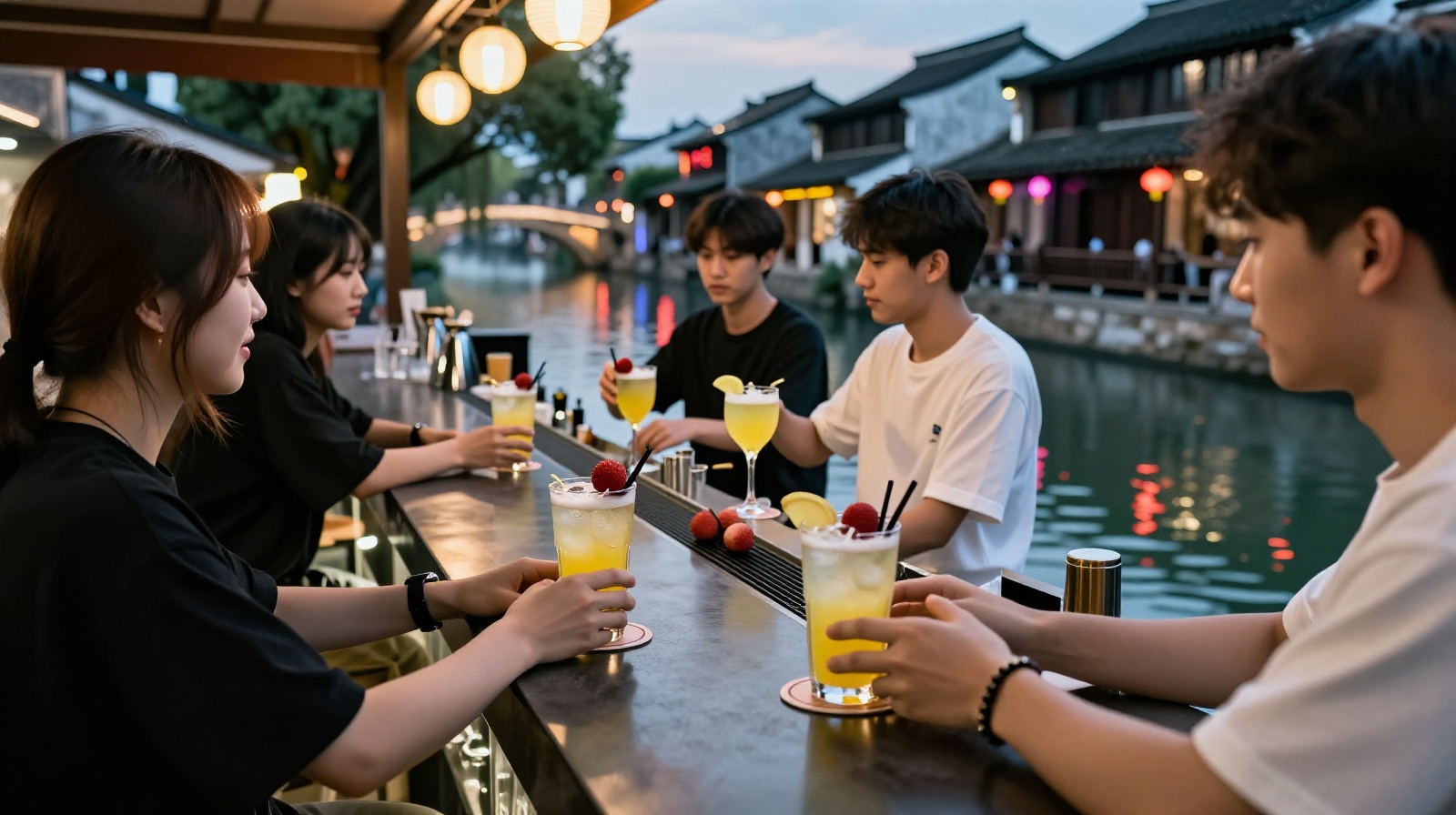 Young people enjoying yellow wine cocktails in a modern Shaoxing bar